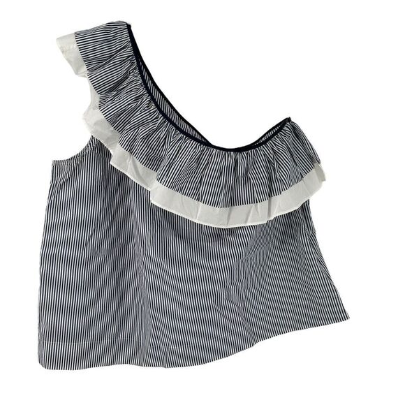 J Crew One Shoulder Ruffle Top Size 16 Nautical Preppy Beach Navy Blue Striped - Picture 1 of 9